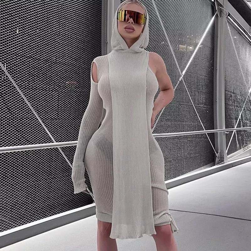 Kliou M21D07233 Autumn Fashion Irregular One Shoulder Long Sleeves Solid Color Slim Dress See Through Hooded Maxi Dress Ladies