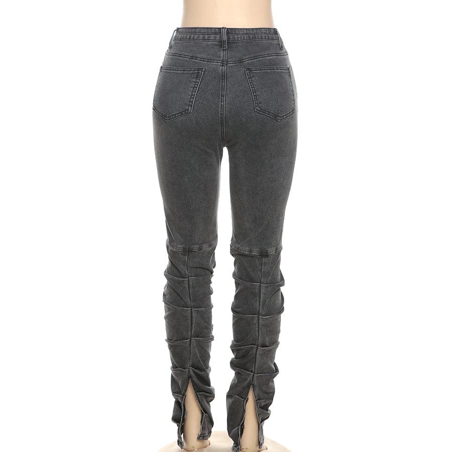 Kliou W21P04882 Newest Design Slim Cotton Jeans Women's Pants With Stacked Women's Trousers