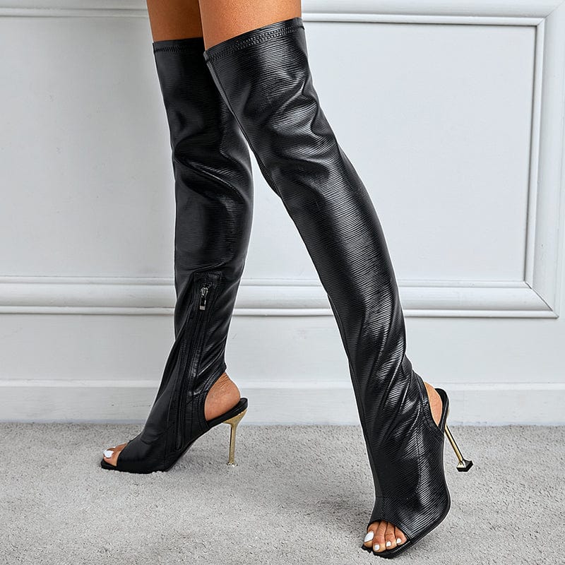 Korean Style Fashion Sexy PU Square Open Toe Thin High Heel Over-The Knee Chelsea Boots Side Zippers 35-42 Women Slingbacks