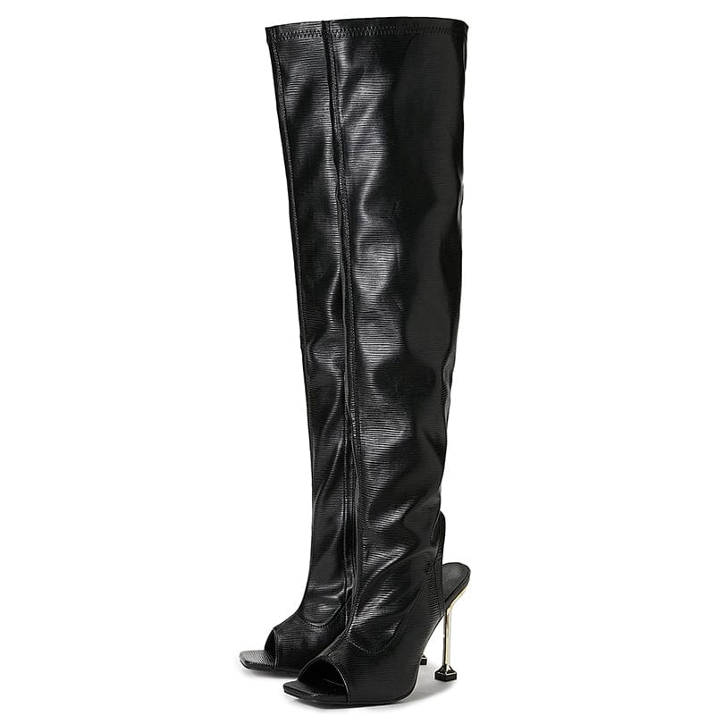 Korean Style Fashion Sexy PU Square Open Toe Thin High Heel Over-The Knee Chelsea Boots Side Zippers 35-42 Women Slingbacks