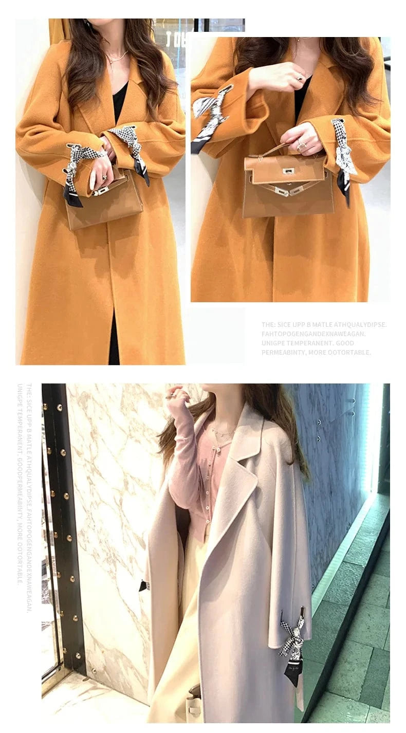 Korean Woolen Outwear Double Sided Women Long Cashmere Wool Trench Coat with Cuffs Silk Scarf