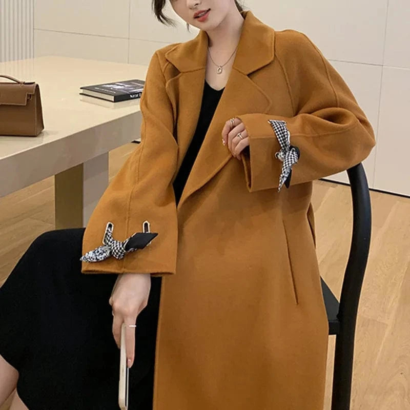 Korean Woolen Outwear Double Sided Women Long Cashmere Wool Trench Coat with Cuffs Silk Scarf