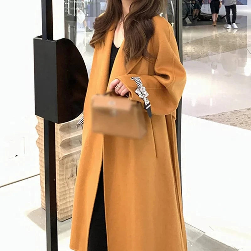 Korean Woolen Outwear Double Sided Women Long Cashmere Wool Trench Coat with Cuffs Silk Scarf