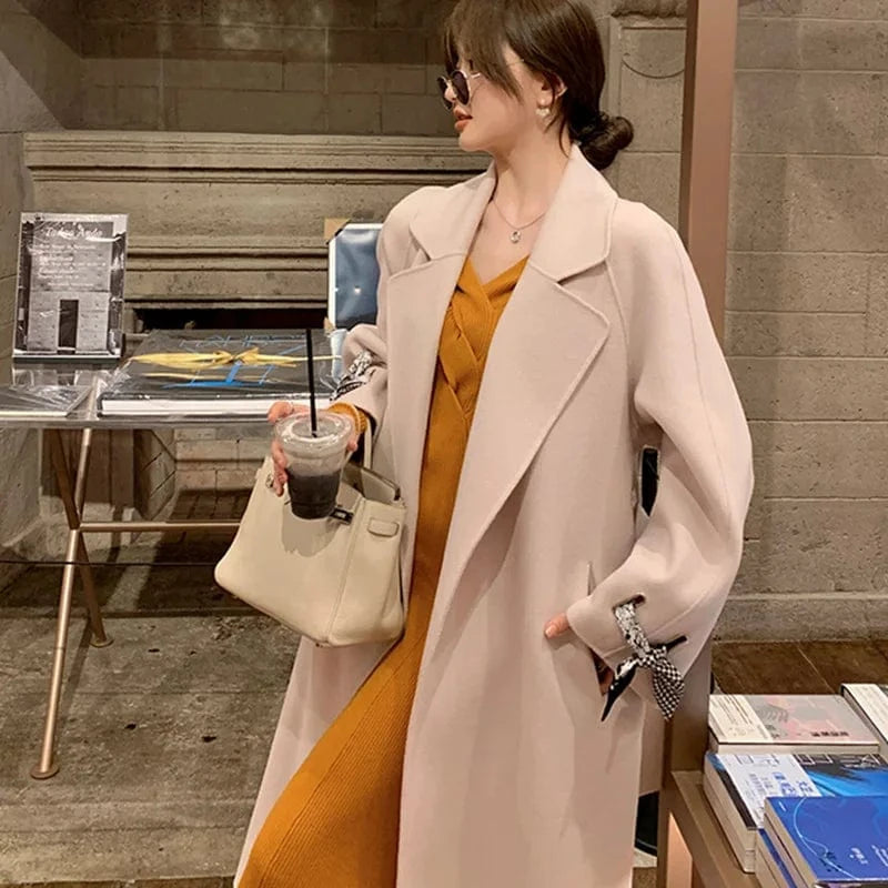 Korean Woolen Outwear Double Sided Women Long Cashmere Wool Trench Coat with Cuffs Silk Scarf