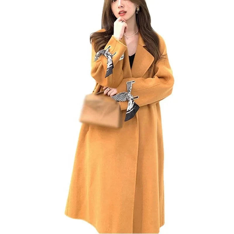 Korean Woolen Outwear Double Sided Women Long Cashmere Wool Trench Coat with Cuffs Silk Scarf