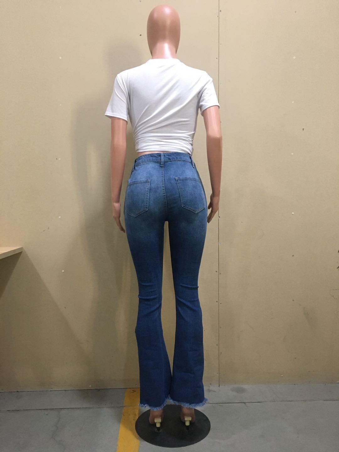 KX-D8386 Street fashion autumn dark blue mid waist flare trousers for ladies jeans washed zipper fly ripped jeans women