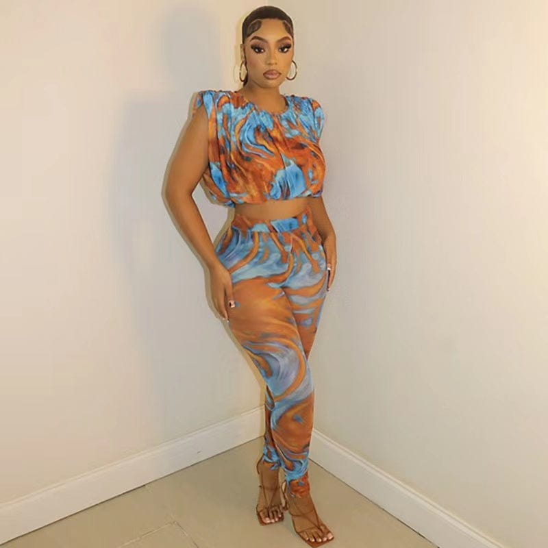 L / 01 J&H 2023 new arrivals fashion print legging set ladies sexy slim fit printed shorts sleeve Ladies 2 piece fall outfits