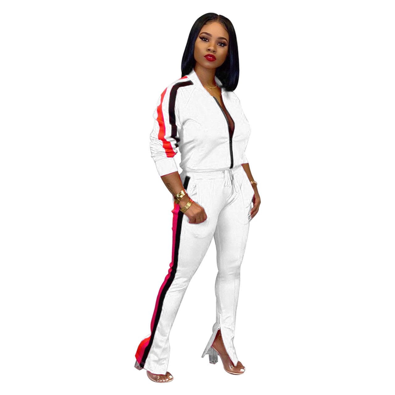 L / #01 Womens Set Two Piece Outfits Sweatsuit Crop Top Skinny Zipper Long Pants Tracksuits Jogging Suits Jumpsuit