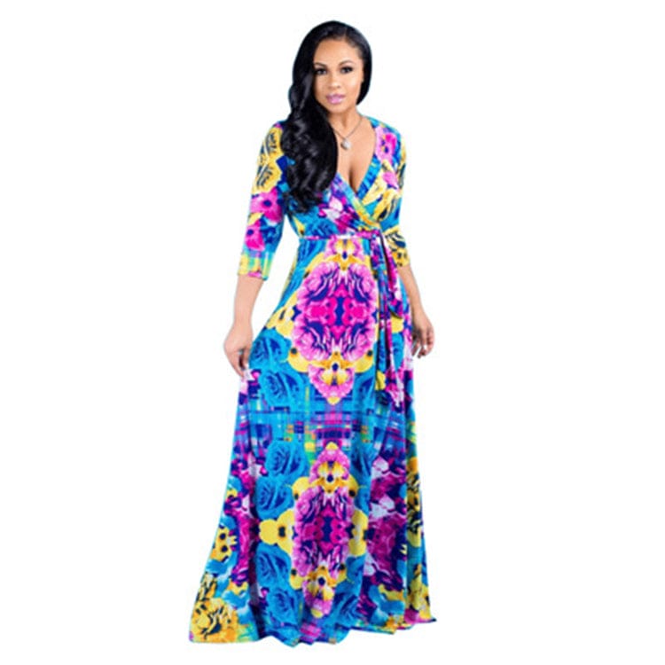 L / 1 Women Summer Clothes Girls Sexy Deep V-Neck Half Sleeve Geometric Pattern Dress Clothes Trending