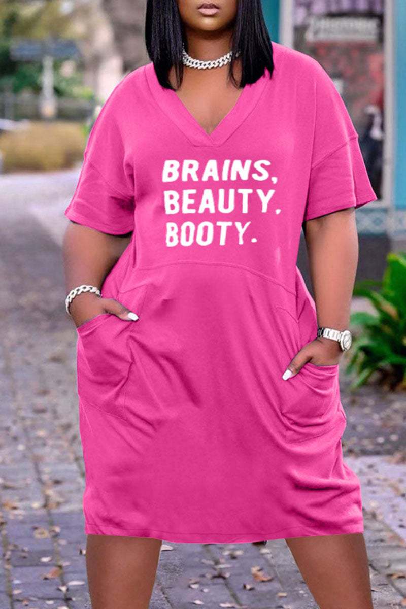 L / 14 2023 summer trendy 3D Printed Fashion Casual Loose Plus Size Women's V-Neck half Sleeve midi Dress