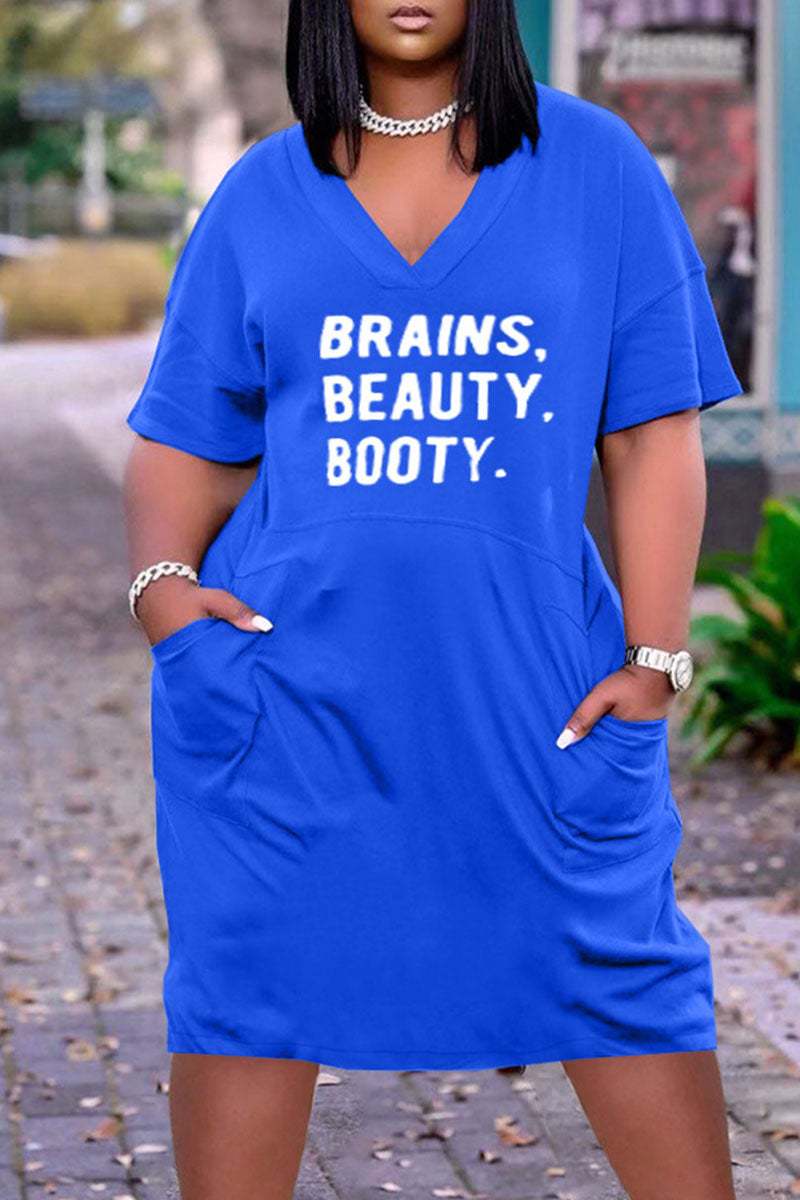 L / 18 2023 summer trendy 3D Printed Fashion Casual Loose Plus Size Women's V-Neck half Sleeve midi Dress