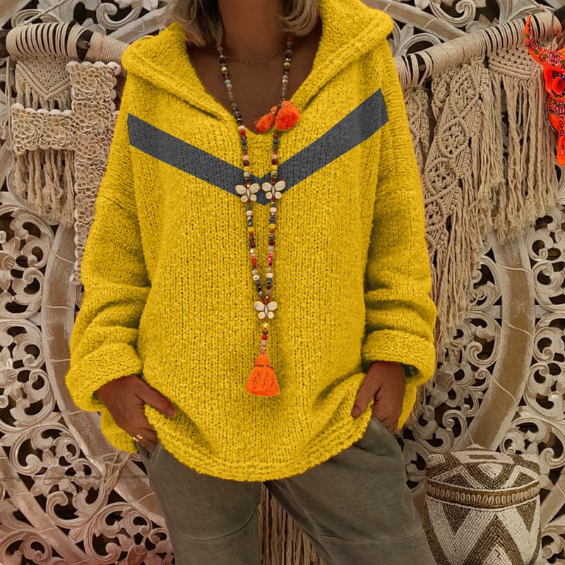 L / 2 2022 Fashion Hooded Knit Sweater Top Blue V-Neck Plus Size Women's Clothing