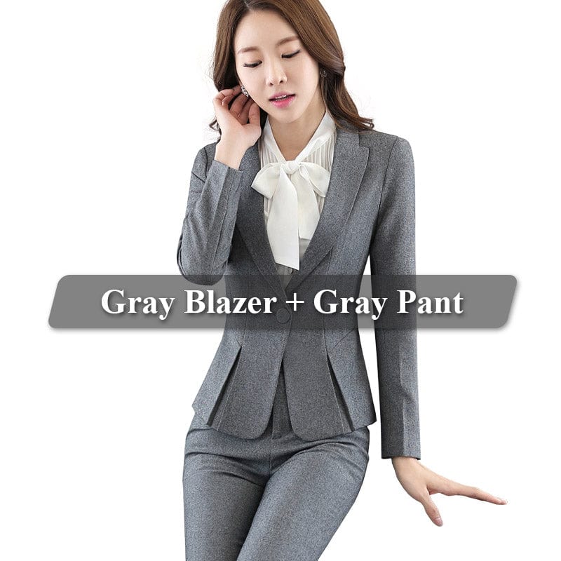 L / 2 Piece Gray Pant Suit Wholesale OEM 2 Pieces Set Women Business Suits Formal Office Lady Uniform Design Gray pant Suit Women Work Wear Blazer Trouser