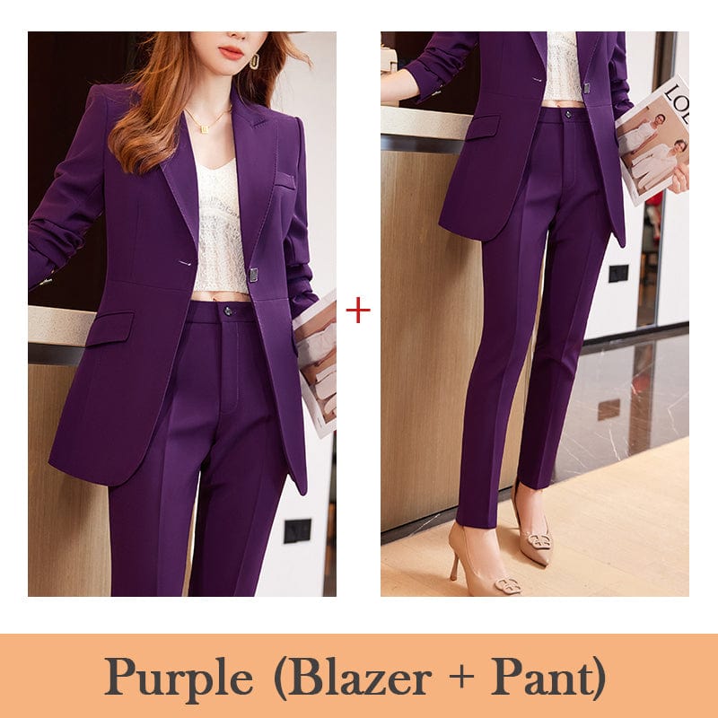 L / 2 Piece Purple Pant Suit Wholesale High-quality 2 Piece Pant Suit Set Women Business Office Lady Work Wear Clothes Elegant Blazer Fashion Outfit Suits
