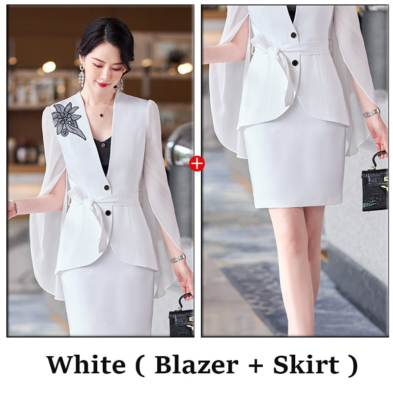 L / 2 Piece White Skirt Suit Wholesale 2 Pieces High Quality Set Slit Sleeves Women Pink Blazer Skirt Suits Office Lady Elegant Soft Jacket and Short Skirt