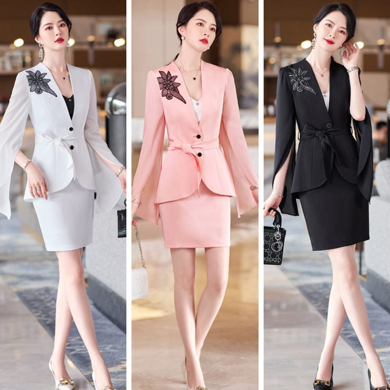 L / 2 Piece White Skirt Suit Wholesale 2 Pieces High Quality Set Slit Sleeves Women Pink Blazer Skirt Suits Office Lady Elegant Soft Jacket and Short Skirt