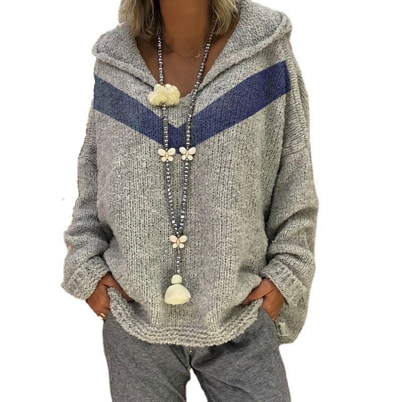 L / 3 2022 Fashion Hooded Knit Sweater Top Blue V-Neck Plus Size Women's Clothing