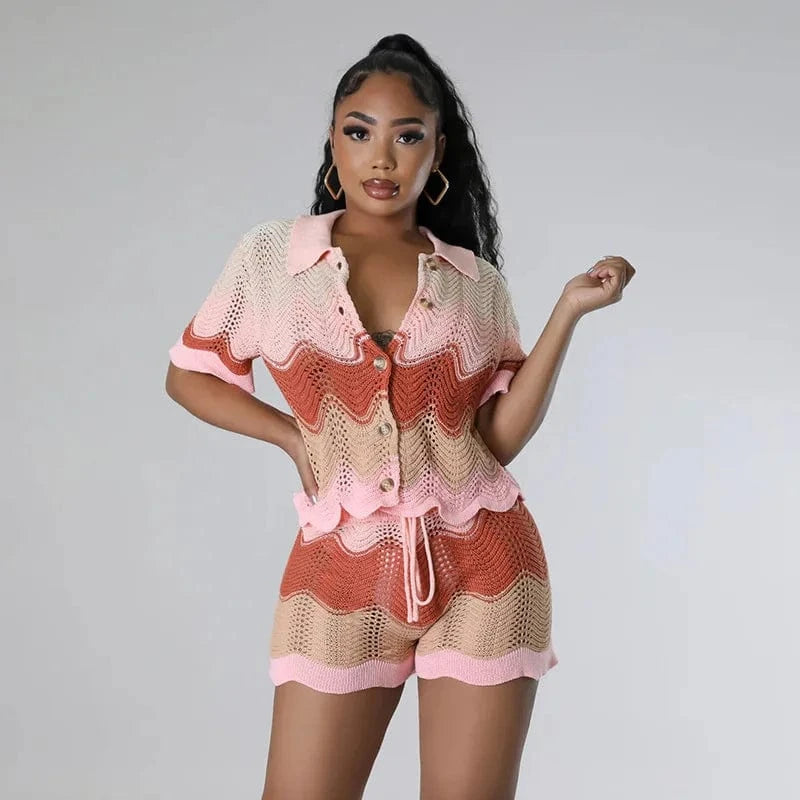 L / 3 J&H 2024 Knit Women Tracksuit 2 Piece Set Colorful Patchwork Wave Flare Sleeve Crop Top+Shorts Skinny Elastic Vacation Outfits