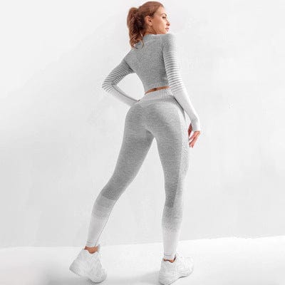 L / 3 Summer Seamless Rib Yoga Set Sport Outfits Women Two 2 PCS Dry Fit Tight Long Sleeve Crop Top Leggings Workout Gym Suit Fitness