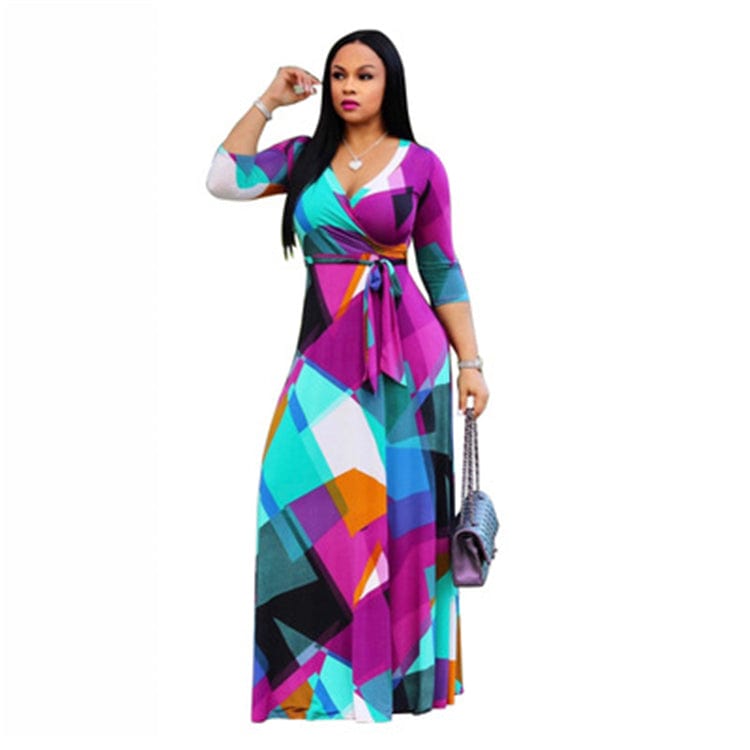 L / 3 Women Summer Clothes Girls Sexy Deep V-Neck Half Sleeve Geometric Pattern Dress Clothes Trending