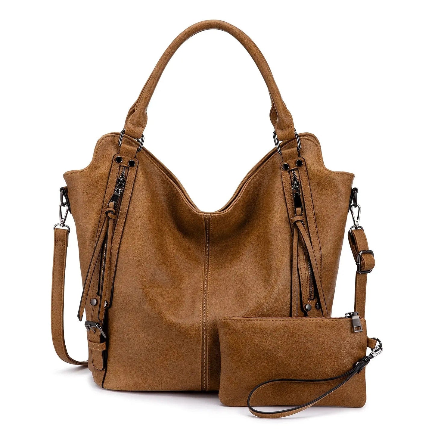 L:34*16.5*37cm (Fit 14"laptop) / Light Brown-WB148428 REALER Vintage Women PU Leather Shoulder Bags Fashion Hobo Hand Bags Ladies Large Purse and Handbags Set Tote Bag for Women