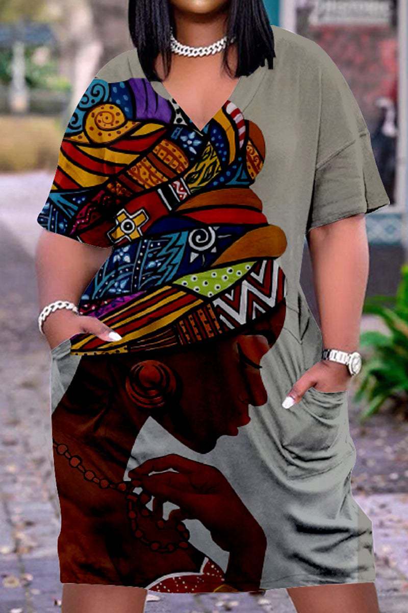 L / 6 2023 summer trendy 3D Printed Fashion Casual Loose Plus Size Women's V-Neck half Sleeve midi Dress