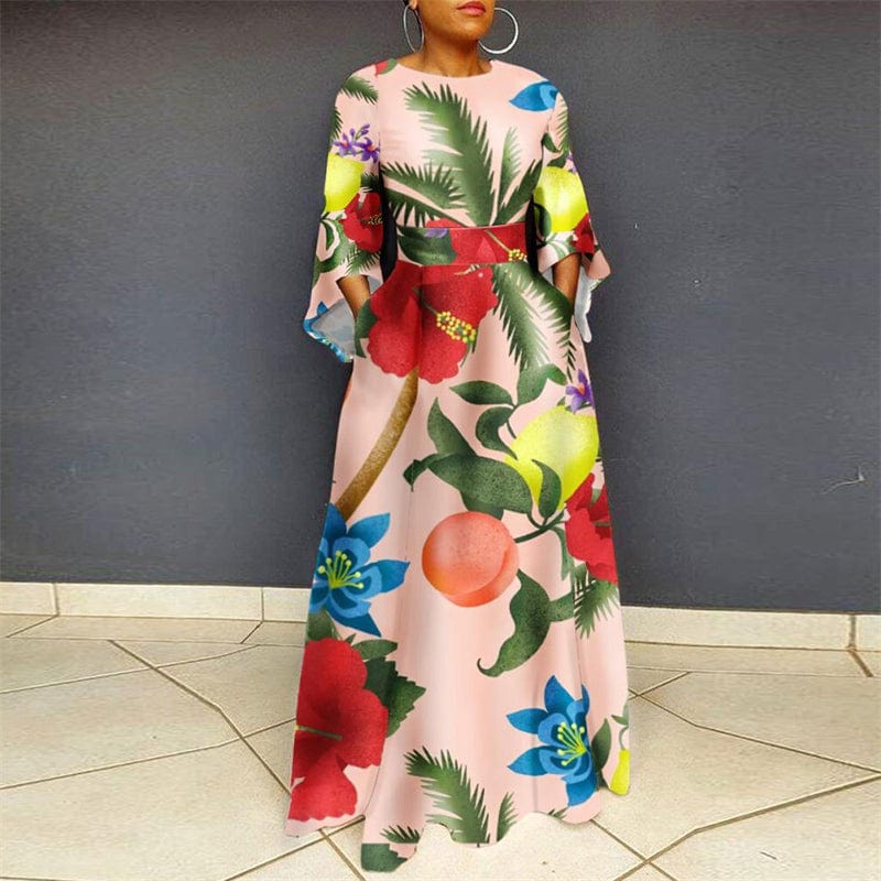 L / 7 2022 new beautiful modest dress casual women plus size floral print fabric long sleeve beach maxi long dress women clothing