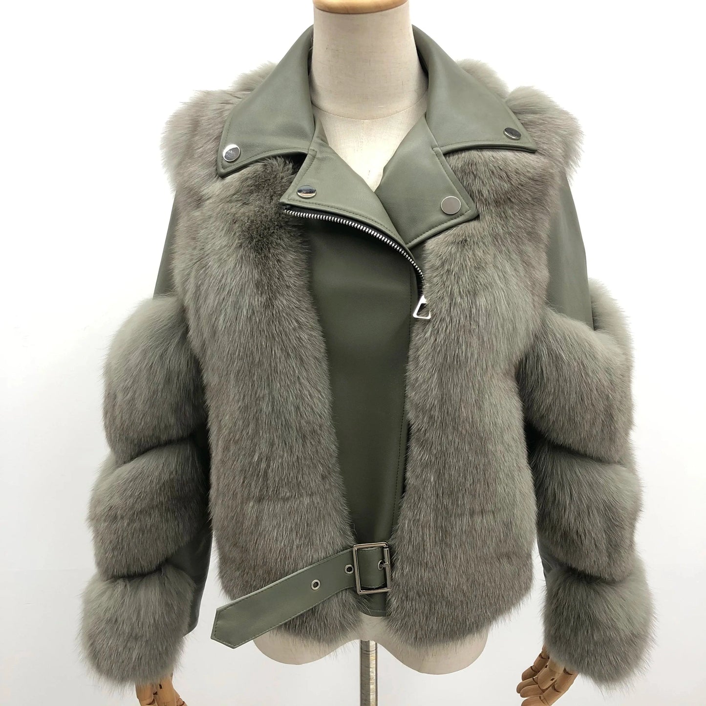 L / Amy green Hot Sell Warm Winter Genuine Leather Fluffy Real Fox Fur Jacket
