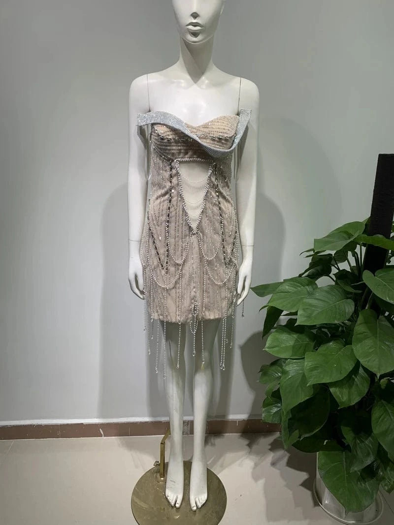 L / apricot Lady Clothing Elegant Sleeveless Strapless Sexy Sequined Beaded Prom Party Dresses For Women