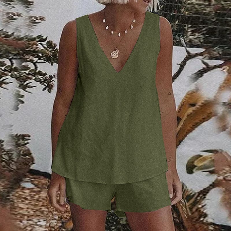 L / Army Green Summer linen plain simple casual set elastic waist shorts tank top two piece ladies sets plus size women's clothing