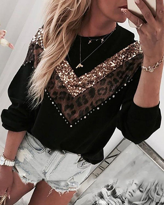L / As picture Hot Sale High Quality Autumn Winter New Sequined Leopard Stitching Wholesale Women's Long-sleeved Round Neck Hoodie