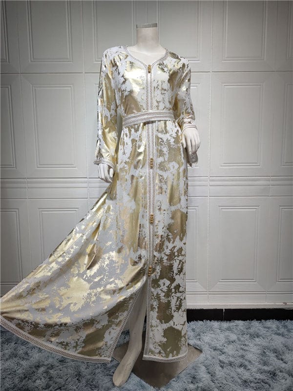 L / Beige Abaya Hotstamping New Woman Gold Blocking Printed Ladies Long Sleeves Elegant Robes Women Luxury Abaya With Belt