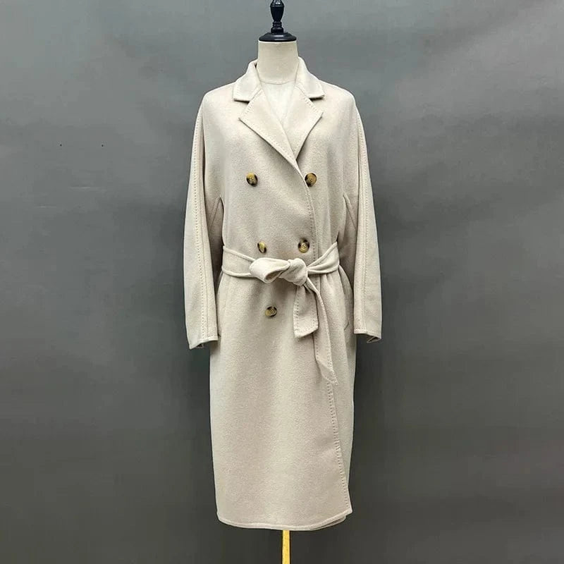 L / Beige High Quality Handmade Cashmere Trench Coats Women Double Breasted Wool Coat with Belt