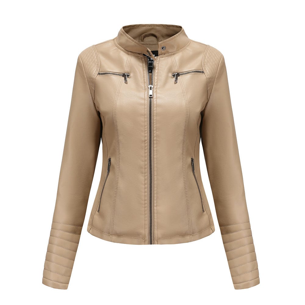 L / Beige PDEP fashion designer women high quality pu leather jacket for women plus size moto biker jacket for ladies