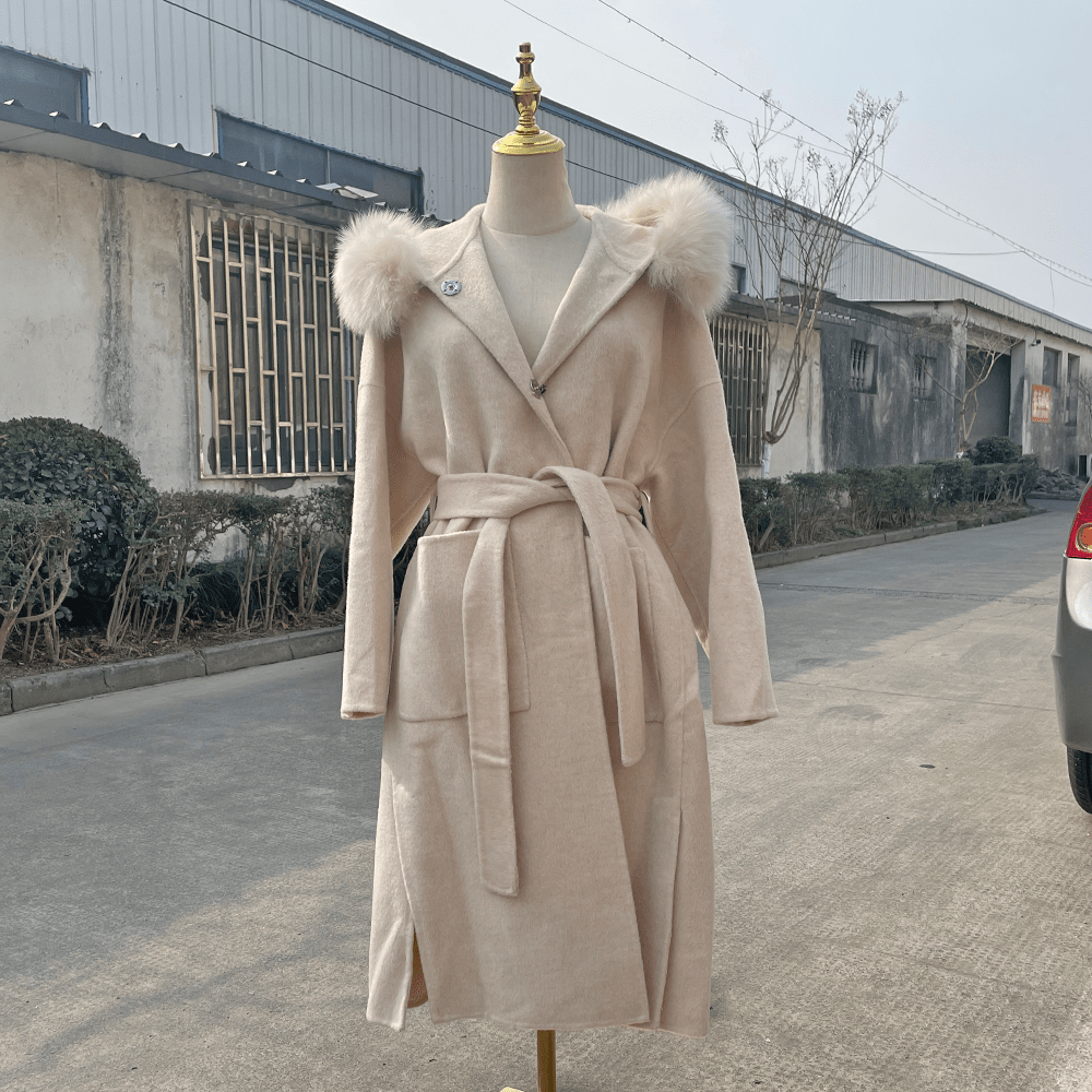 L / Beige QIUCHEN- QC19055 hot-selling women warm trench jacket cashmere belt long plus size fox fur collar wool coat