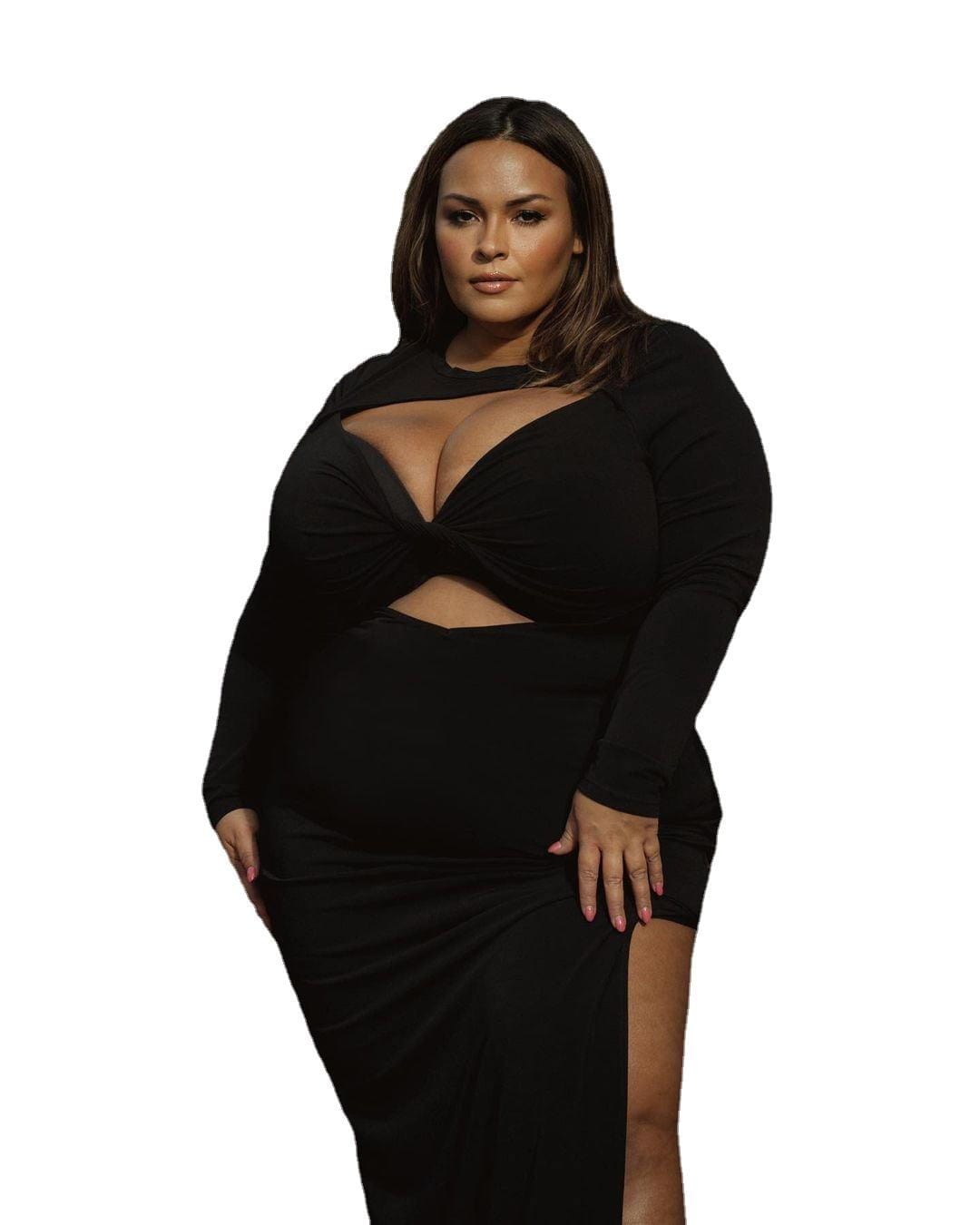 L / BK6895-1 Plus Size Women's Sexy Unique V-Neck Knotted Cross Solid Color Dress
