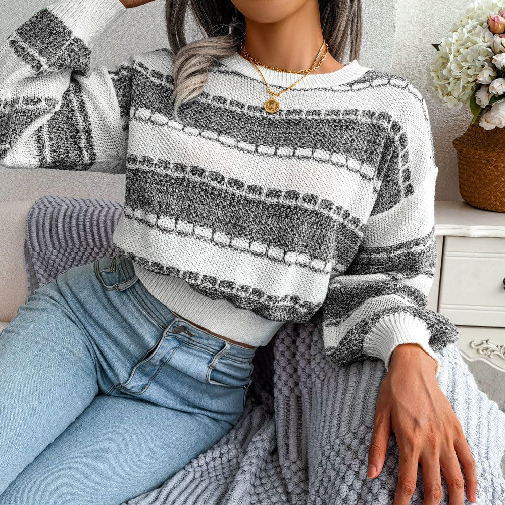 L / Black 10%OFF Autumn and winter European and American fashion contrast color long-sleeved knitted sweater women's pullover
