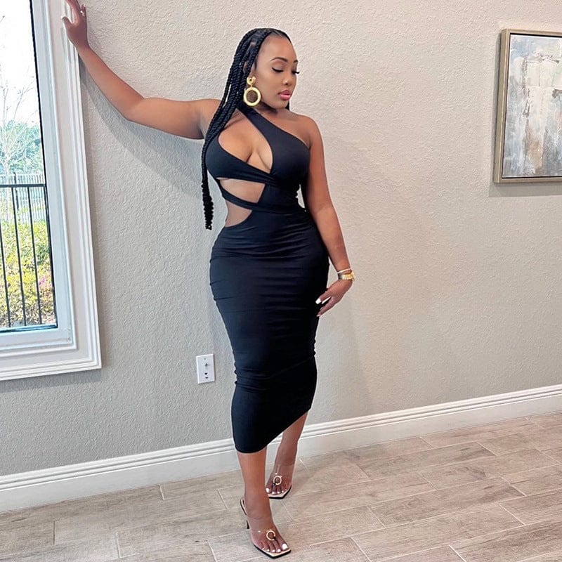 L / black 2022 New Summer Solid Color One Shoulder Sleeveless Cutout Sexy Irregular Womens Dresses