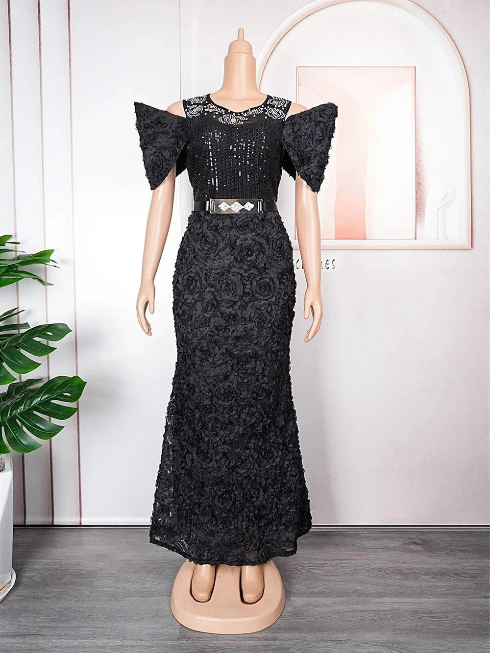 L / Black Applique Belt Fishtail Mesh Patchwork Sequins Bead Women Evening Dress