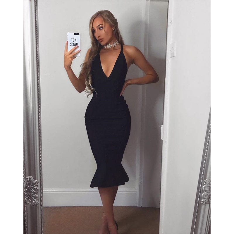 L / Black BA4365 Fashion Sexy Suspender Deep V-neck Fishtail Bodycon Dress