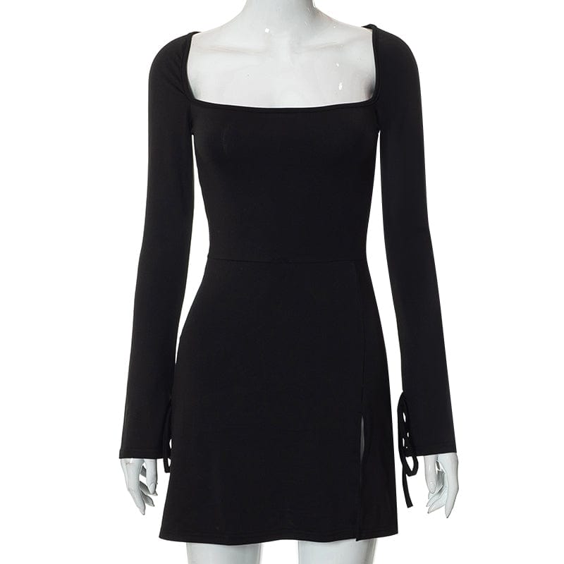 L / black Bomblook Q22DS564 Autumn 2022 Women Fashion Square Neck Casual Evening Dresses Mini Long sleeved Bodycon Ladies Dress