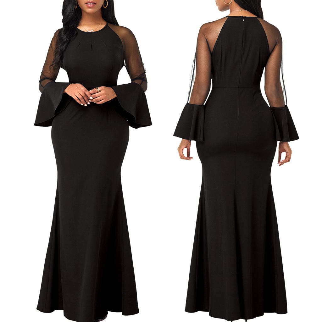 L / black C1103TA25 High Quality Elegant Solid Color Sheer Mesh Sleeve Bodycon Evening Dress Women Sehe Fashion