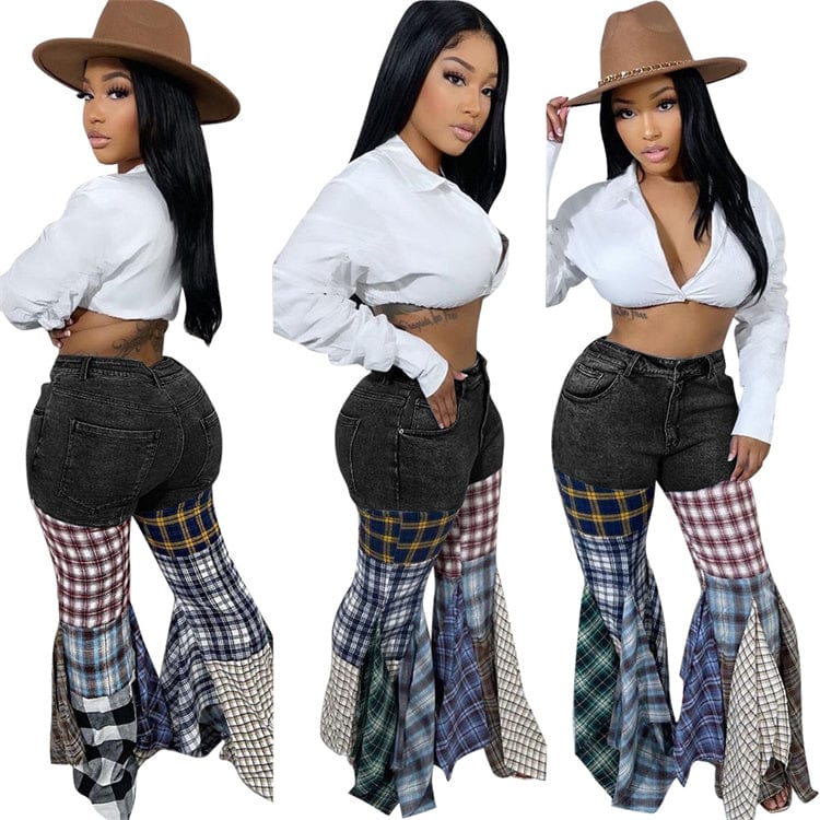 L / black Denim Pants For Women 2023 Patchwork Low Waist Flares Pants Casual Fashion Plaid Print Baggy Pants