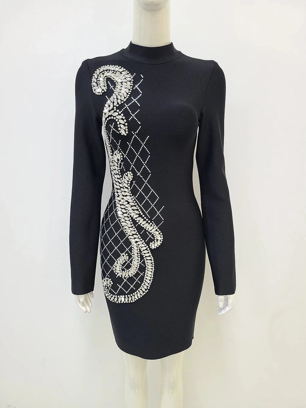 L / Black High Quality Beading Long Sleeve Women Bodycon Evening Party Cocktail Prom Dress