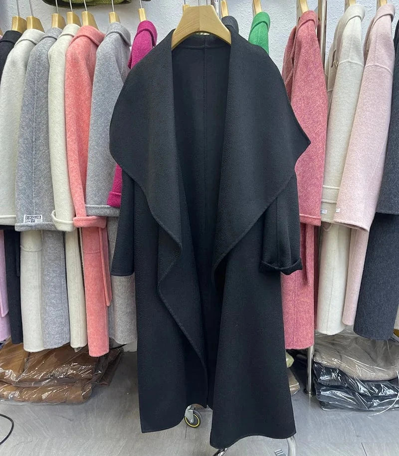 L / Black High Quality Turn Down Collar Water Ripple Wool Coat Handmade Long Cashmere Trench Coat with Belt