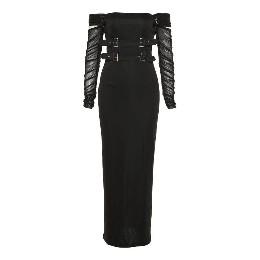 L / black Kliou K22D23677 New Solid Long Sleeve Neckless Slim Long Classic Dress Elegant Women Dresses Elegant Mesh Slim Dress