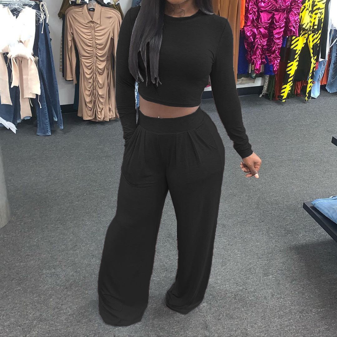L / Black LQ-059 Solid Color Wide-Leg Loose Casual Two Piece Set Fall Winter New Suit Women Clothes 2 Piece Matching Sets