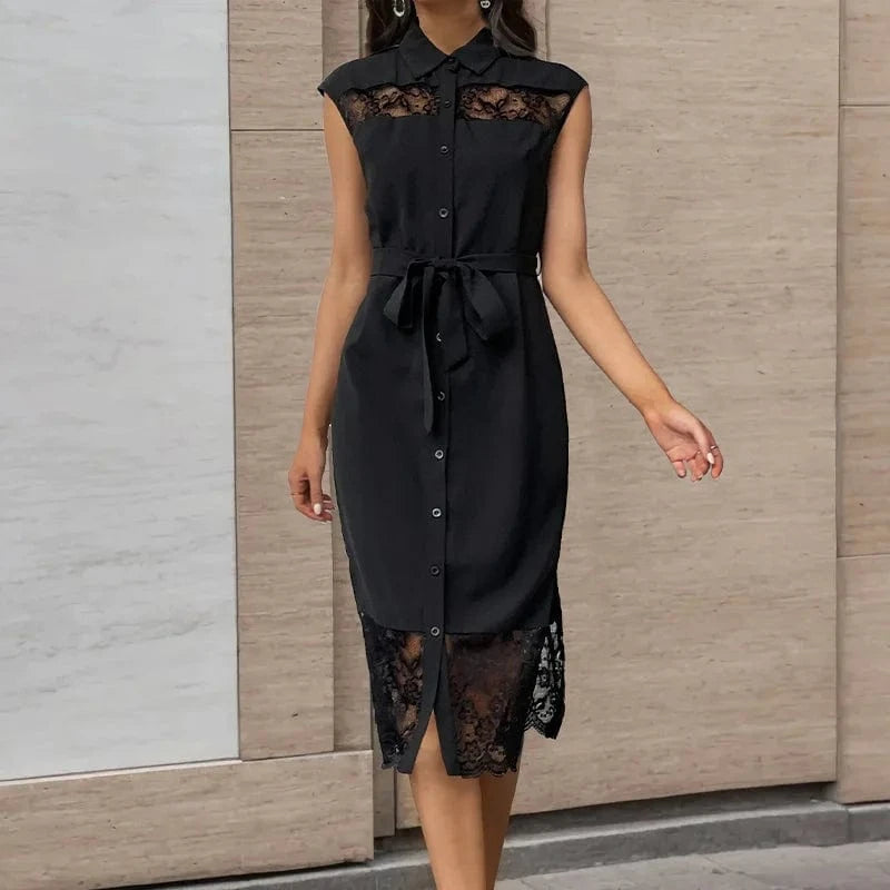 L / Black Luxury Casual Elegant Midi Dresses Women Contrast Lace Cut Out Belted Shirt Dress