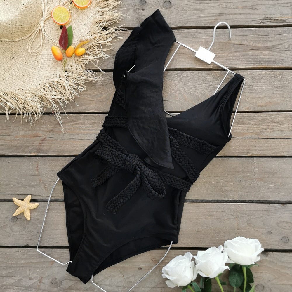 L / black New High Quality Designer One Shoulder Ruffled Braided Belt High Waist Bathing Suit Monokini One Piece Swimsuit for Women