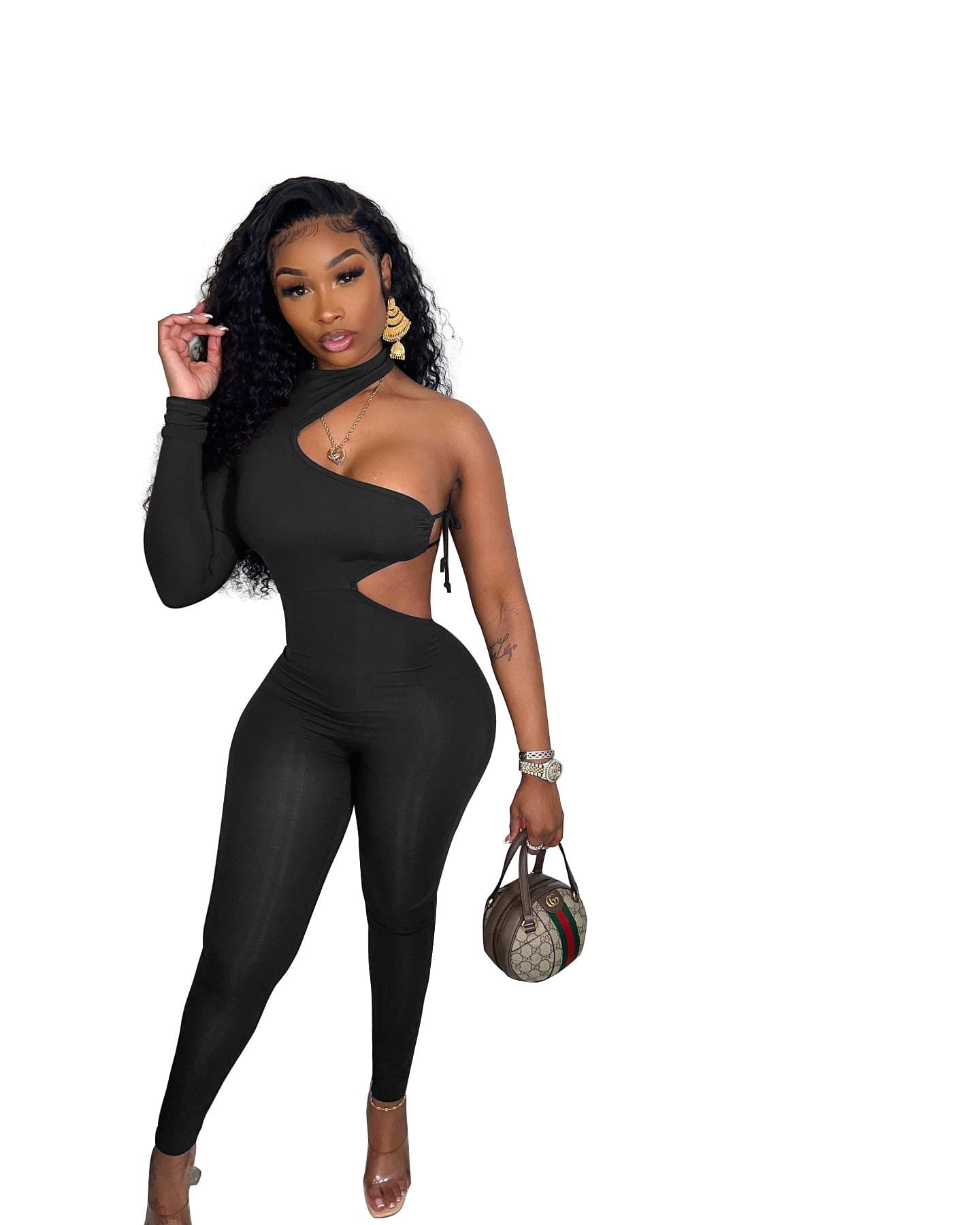L / Black Newest Design Fashion Irregular Single Sleeve Sexy Lace Up Jumpsuit Solid Color Bodycon One Piece Jumpsuits For Women 2022